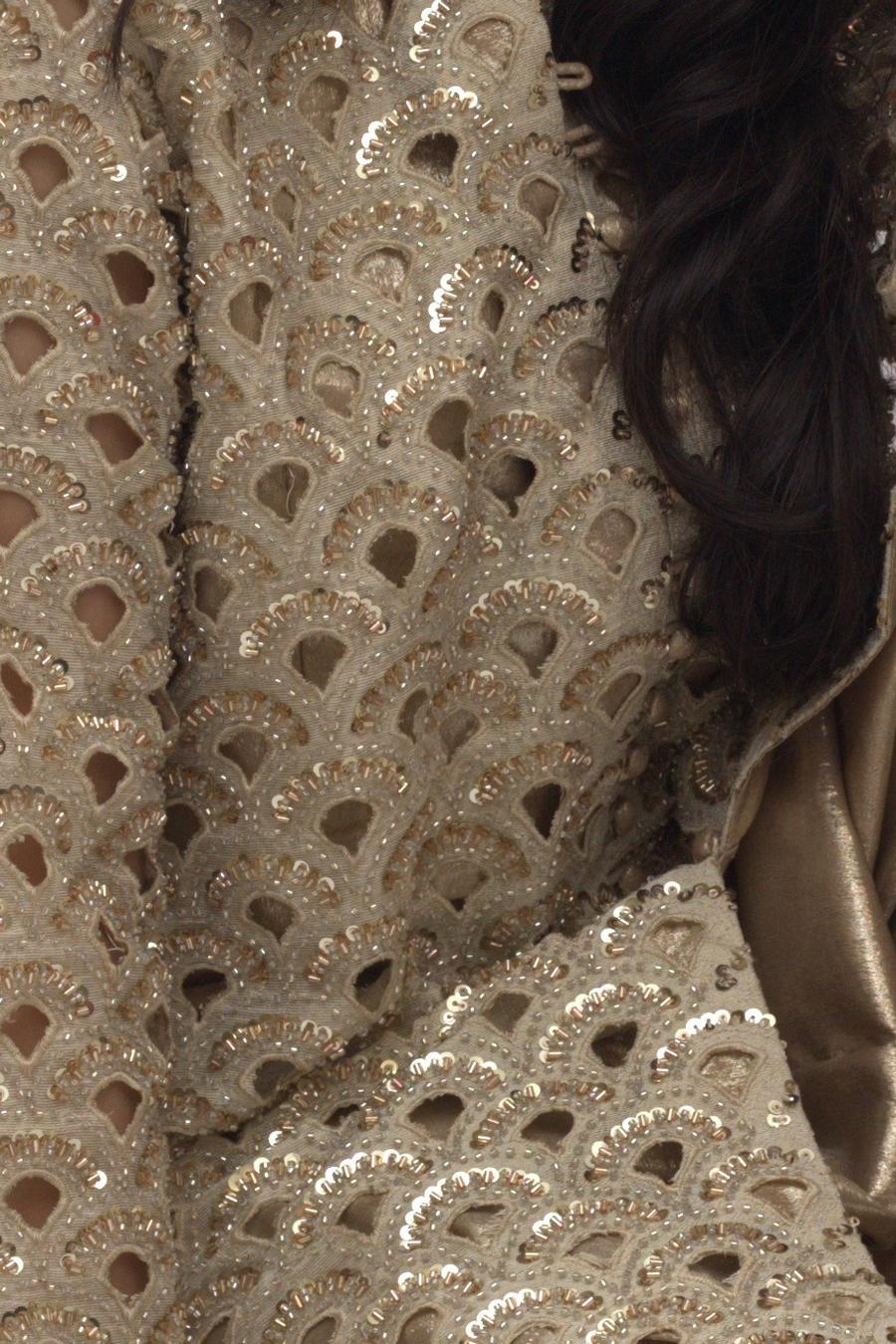 Antique gold jaali net jacket, close up of the scalloped cutwork and gold sequins
