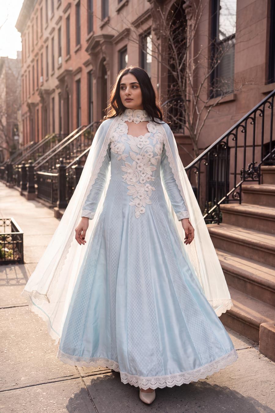 Sky Blue Dress, detail view 2. Available to rent from Wear Wali.