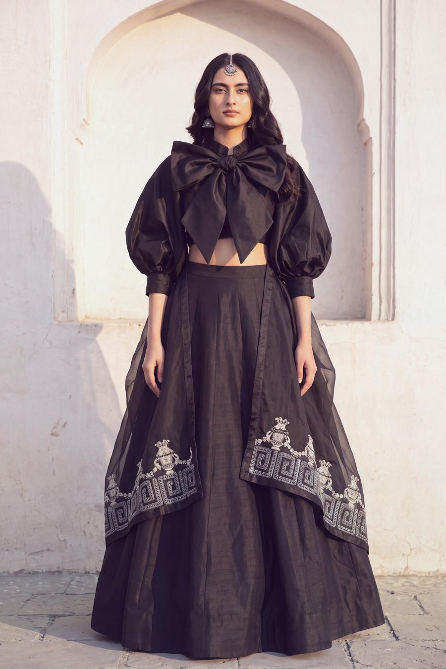 Black crop lehenga with oversized bow top, dupatta border embroidery in close view, front standing