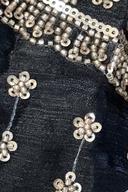 Black embroidered kurta, close up of the silver sequin flower motifs and bead trim