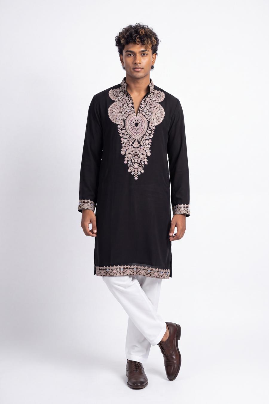 Black embroidered open neck kurta with white shalwar, full length front view on a model