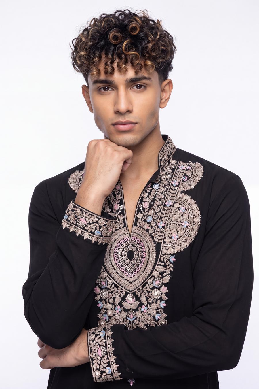 Black open neck kurta, waist up, antique gold medallions and embroidered placket with silver sequins