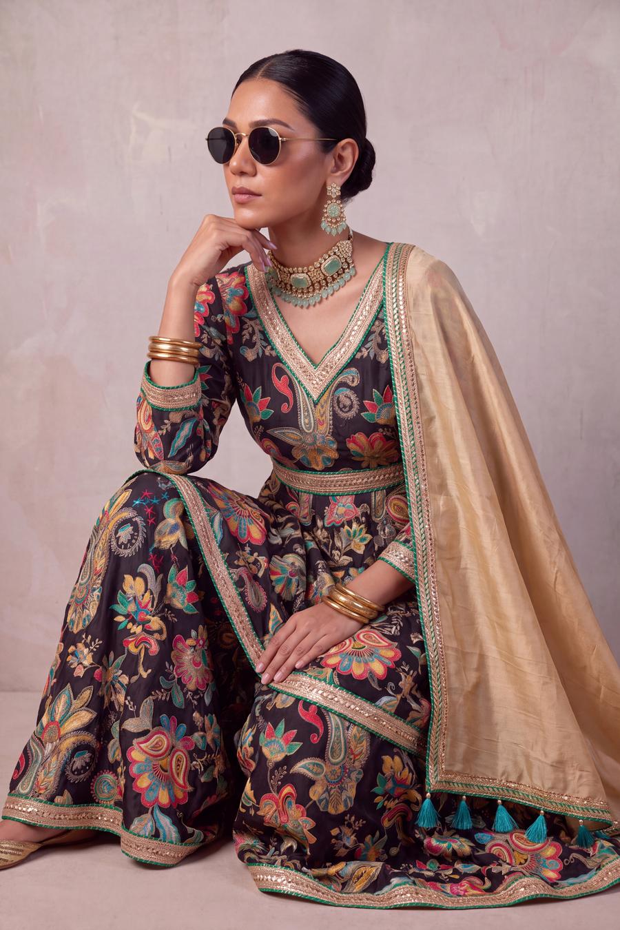 Black Embroidered Sharara, detail view 1. Available to rent from Wear Wali.