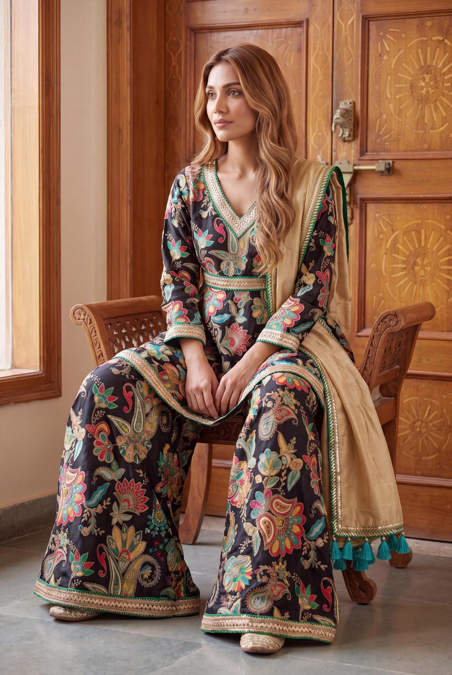 Black Embroidered Sharara, detail view 3. Available to rent from Wear Wali.