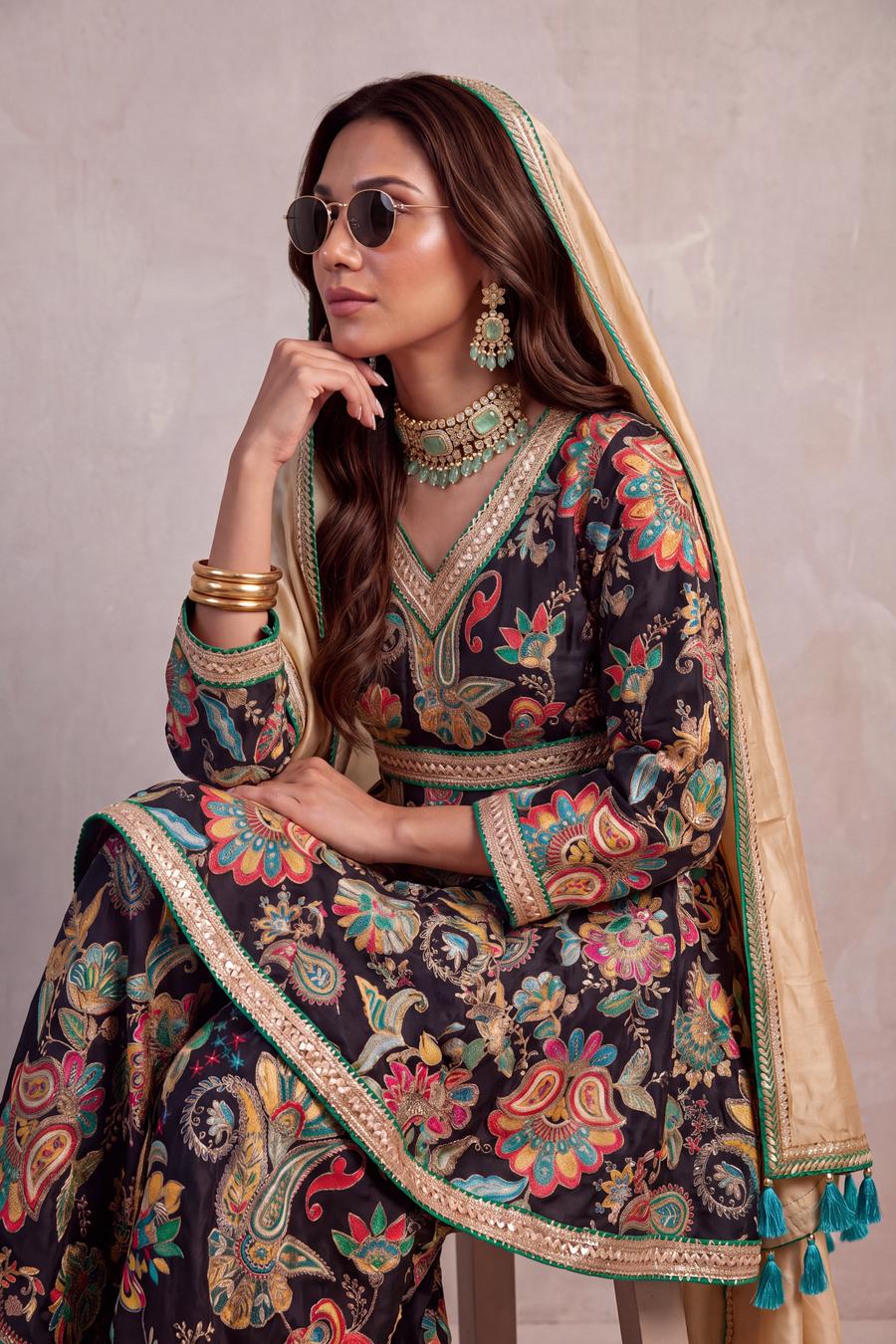 Black Embroidered Sharara, detail view 6. Available to rent from Wear Wali.