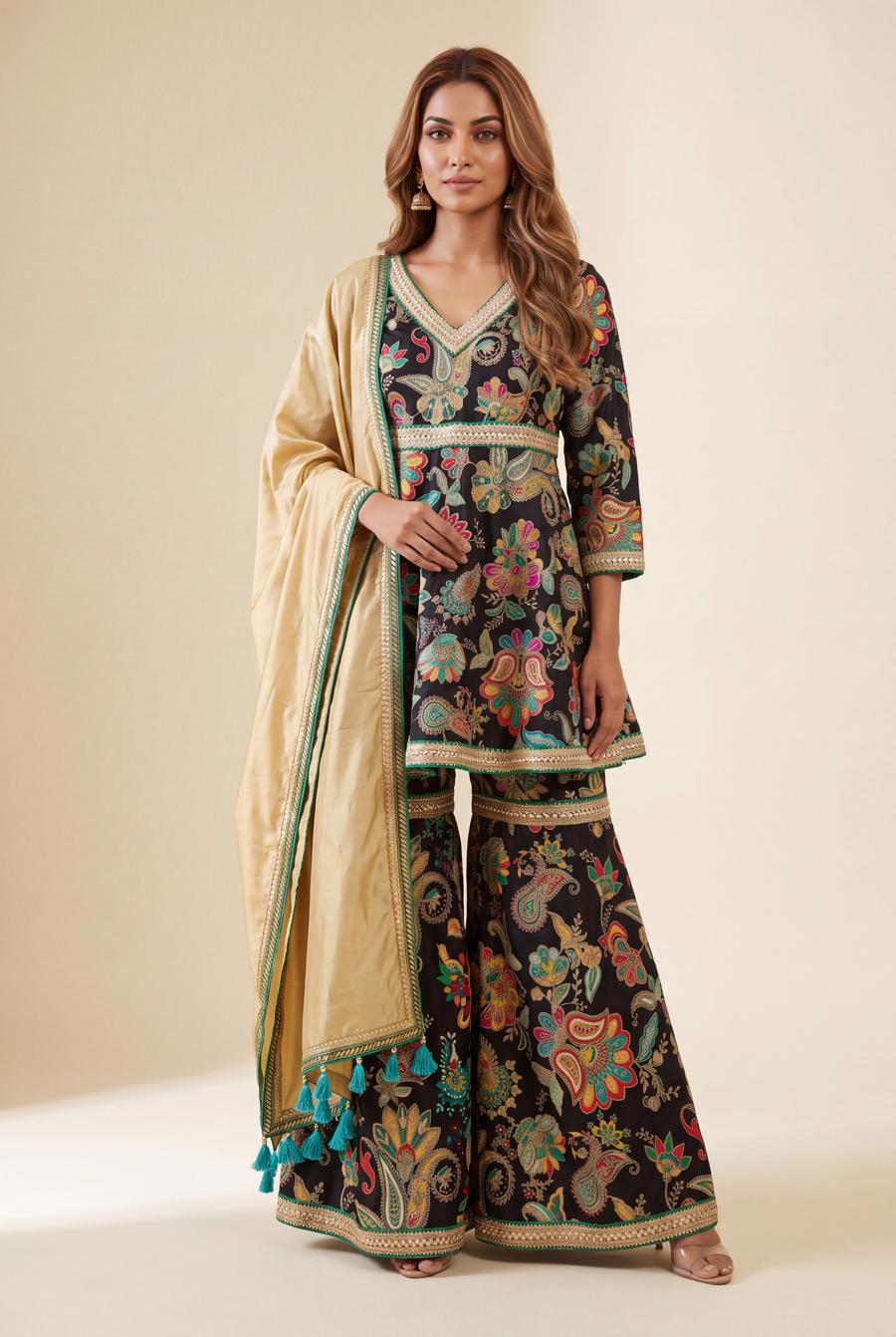 Black Embroidered Sharara, detail view 9. Available to rent from Wear Wali.