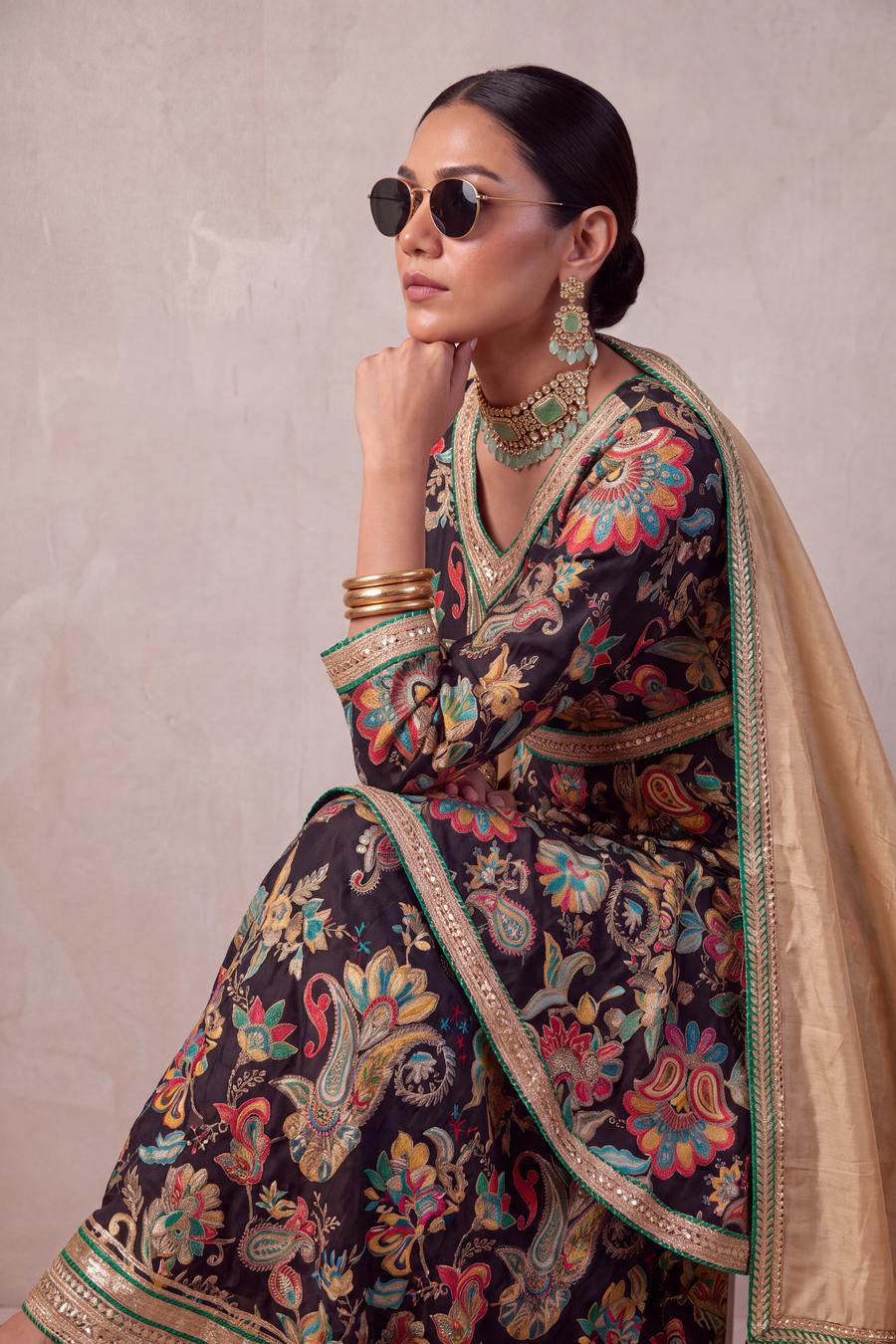 Black Embroidered Sharara, front view. Available to rent from Wear Wali.