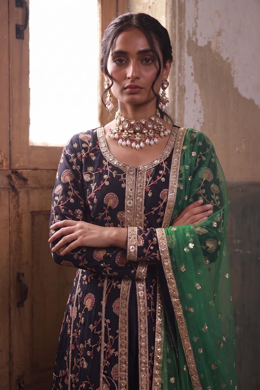 Black frock with multicolor thread flowers and silver borders, waist up view with the green net dupatta over one shoulder