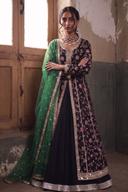 Black long frock with multicolor thread work, black farshi lehenga and green net dupatta, full length front view