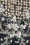 Black dupatta, close up of silver pearl lattice and a crystal sequin flower