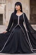 Black Shimmer Shirt with Farshi Lehenga, styled full length view, detail 1
