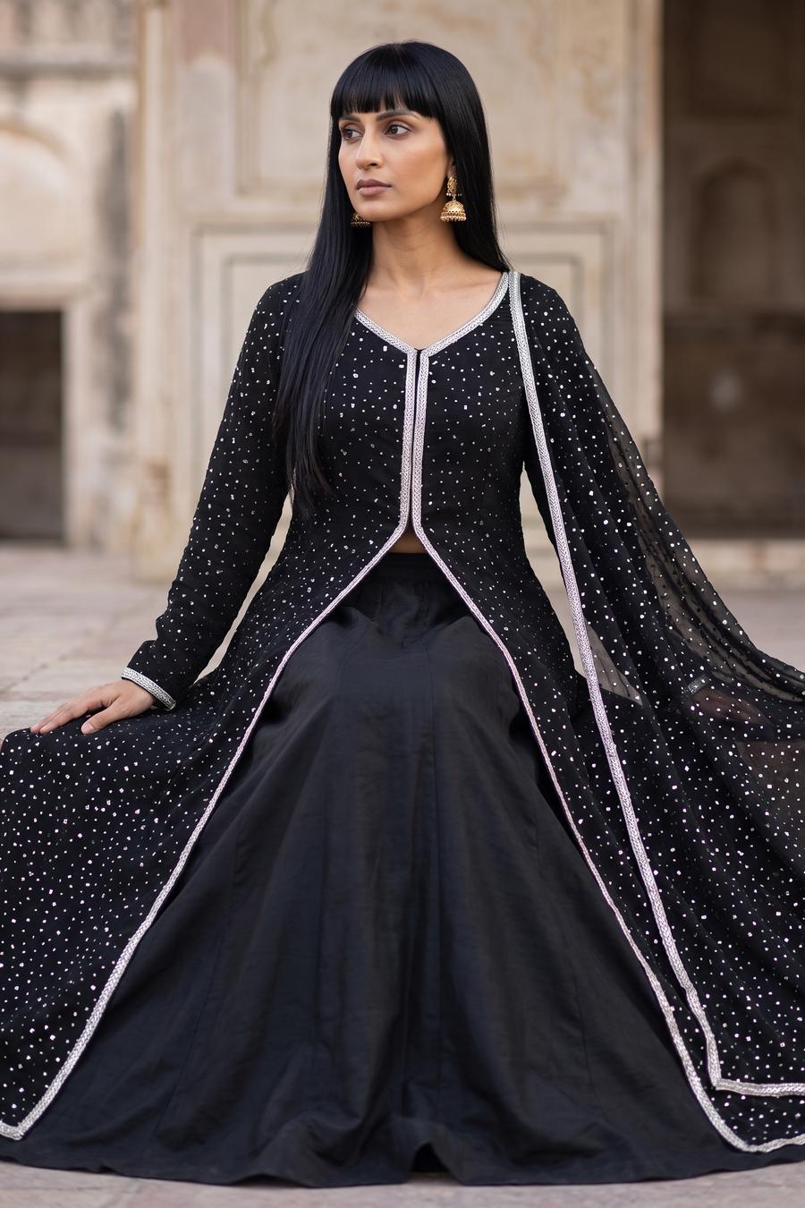 Black Shimmer Shirt with Farshi Lehenga, styled full length view, detail 1