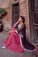 Black Silver and Red Asymmetrical Sharara, front view. Available to rent from Wear Wali.