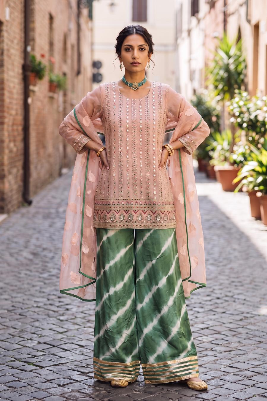 Blush Mirror Work Shirt with Green Tie Dye Izzar, full length front view