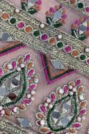 Blush mirror work shirt, close up of mirrors, pink and green thread and pearl beads