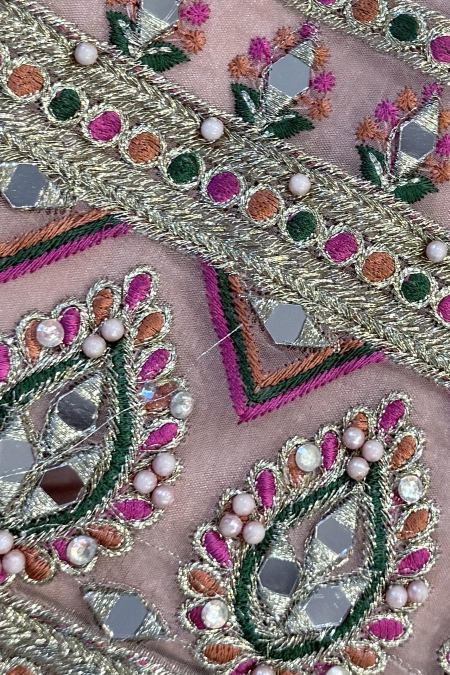Blush mirror work shirt, close up of mirrors, pink and green thread and pearl beads