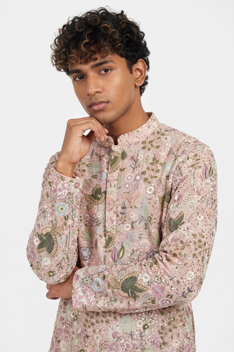 Blush pink net kurta, waist up, closed mandarin collar and all-over floral and bird embroidery