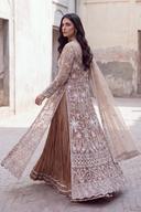 Champagne embroidered peshwas from behind, sheer net train and dupatta in motion