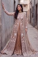 Champagne embroidered net peshwas open over a pleated gold skirt, full length front view