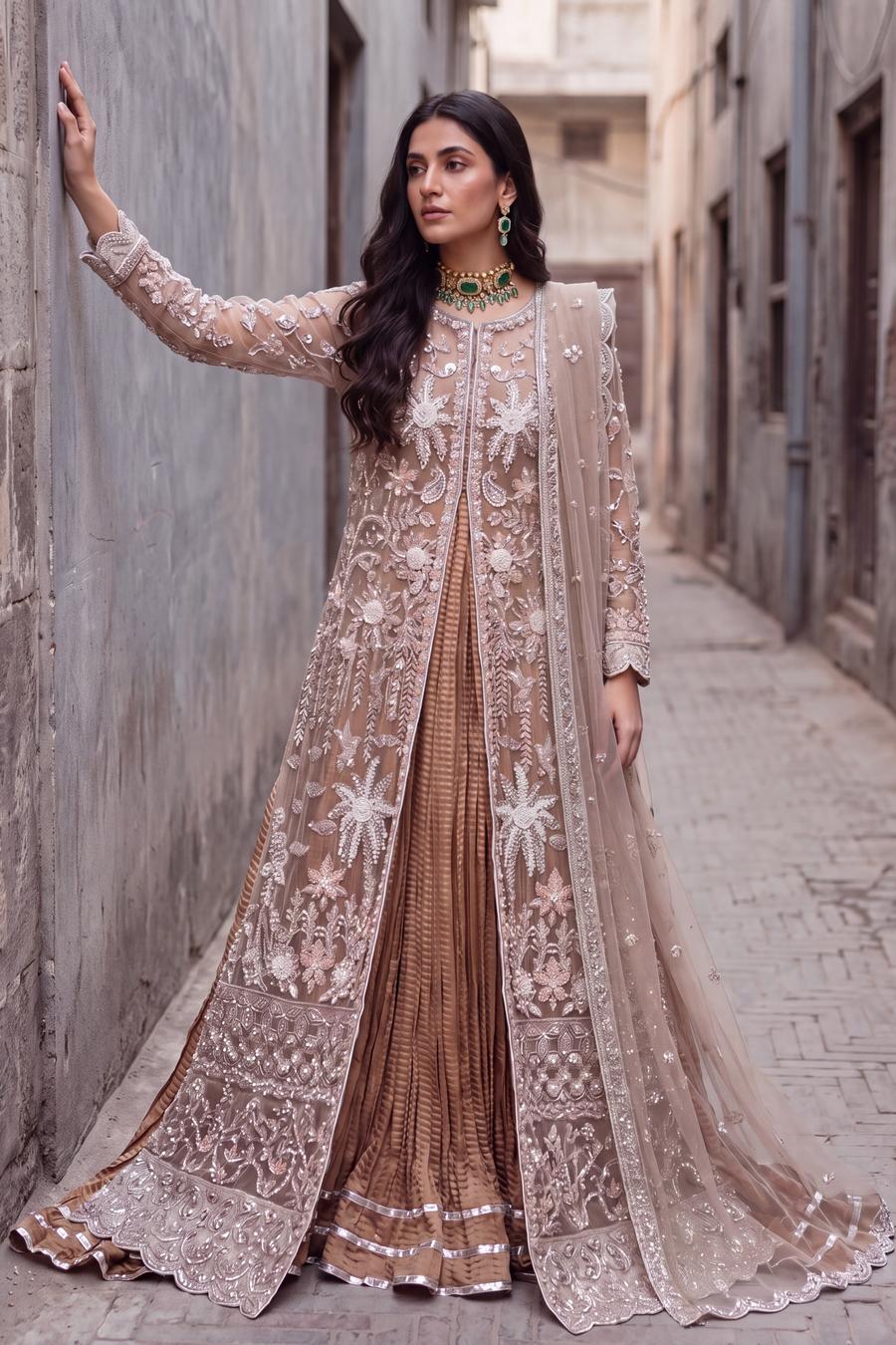 Champagne embroidered net peshwas open over a pleated gold skirt, full length front view