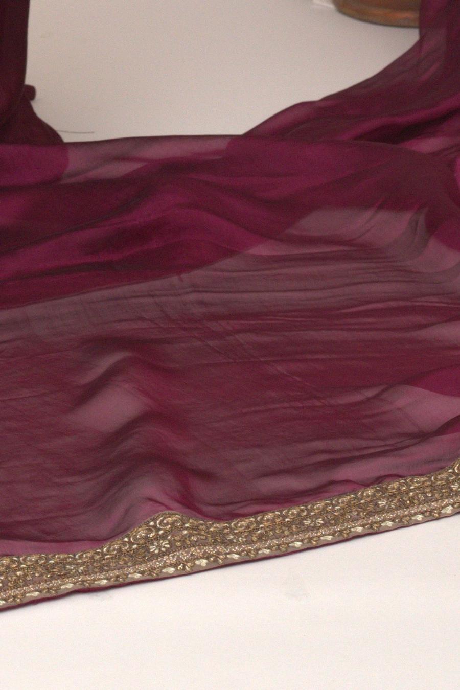 Champagne long shirt, close up of the maroon dupatta's gold embroidered border