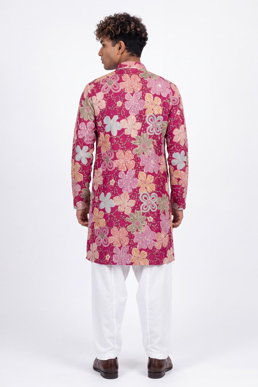 Back view of the fuchsia silk kurta showing the all-over floral pattern down to the hem