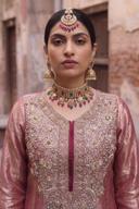 Dusty Rose Tissue Shimmer Hand Embroidered Shirt with Red Hand Embroidered Trousers, close up of the work, detail 1
