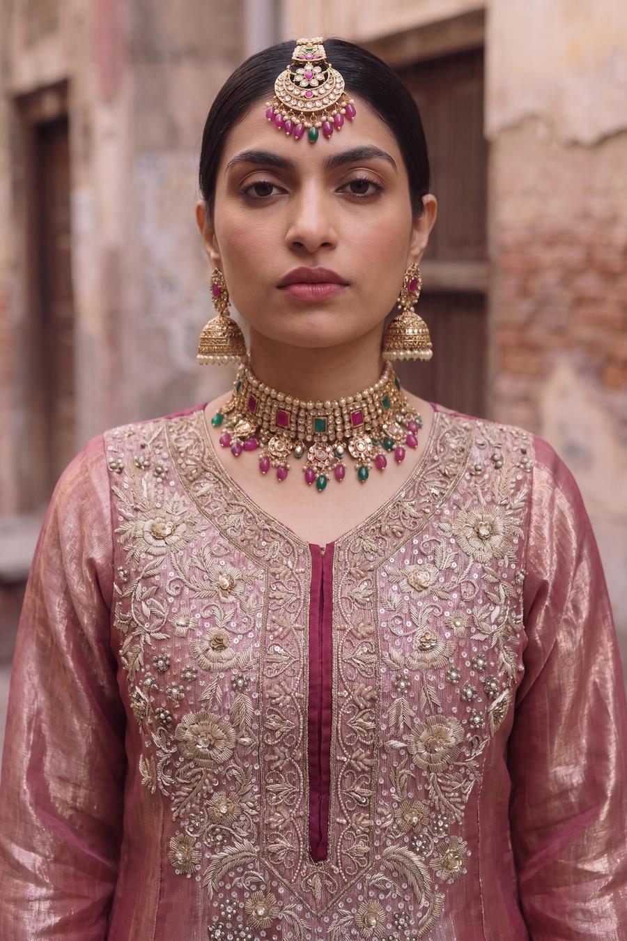 Dusty Rose Tissue Shimmer Hand Embroidered Shirt with Red Hand Embroidered Trousers, close up of the work, detail 1
