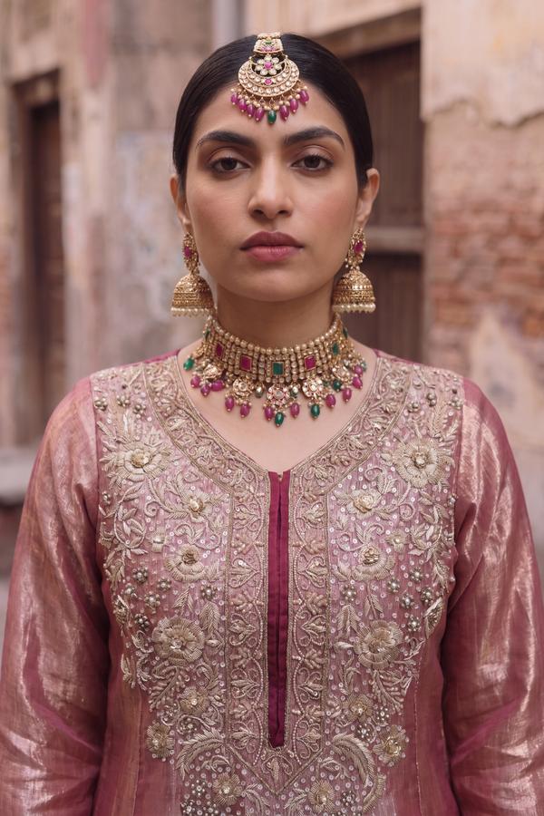 Dusty Rose Tissue Shirt with Wine Embroidered Trousers, close up of the work, detail 1