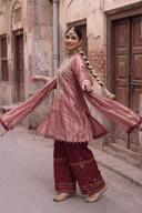 Dusty Rose Tissue Shimmer Hand Embroidered Shirt with Red Hand Embroidered Trousers, shown in motion, detail 2