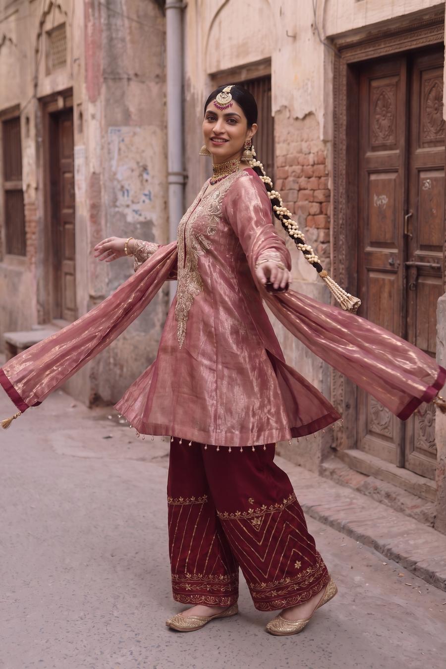 Dusty Rose Tissue Shimmer Hand Embroidered Shirt with Red Hand Embroidered Trousers, shown in motion, detail 2