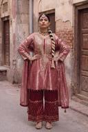 Dusty Rose Tissue Shimmer Hand Embroidered Shirt with Red Hand Embroidered Trousers, full length front view