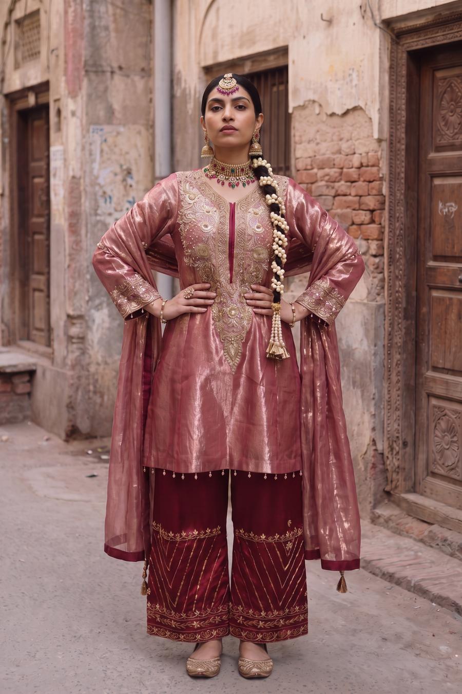 Dusty Rose Tissue Shimmer Hand Embroidered Shirt with Red Hand Embroidered Trousers, full length front view