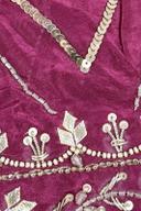 Dusty rose shirt, close up of silver sequin chevrons, pearl drops and beaded neckline trim