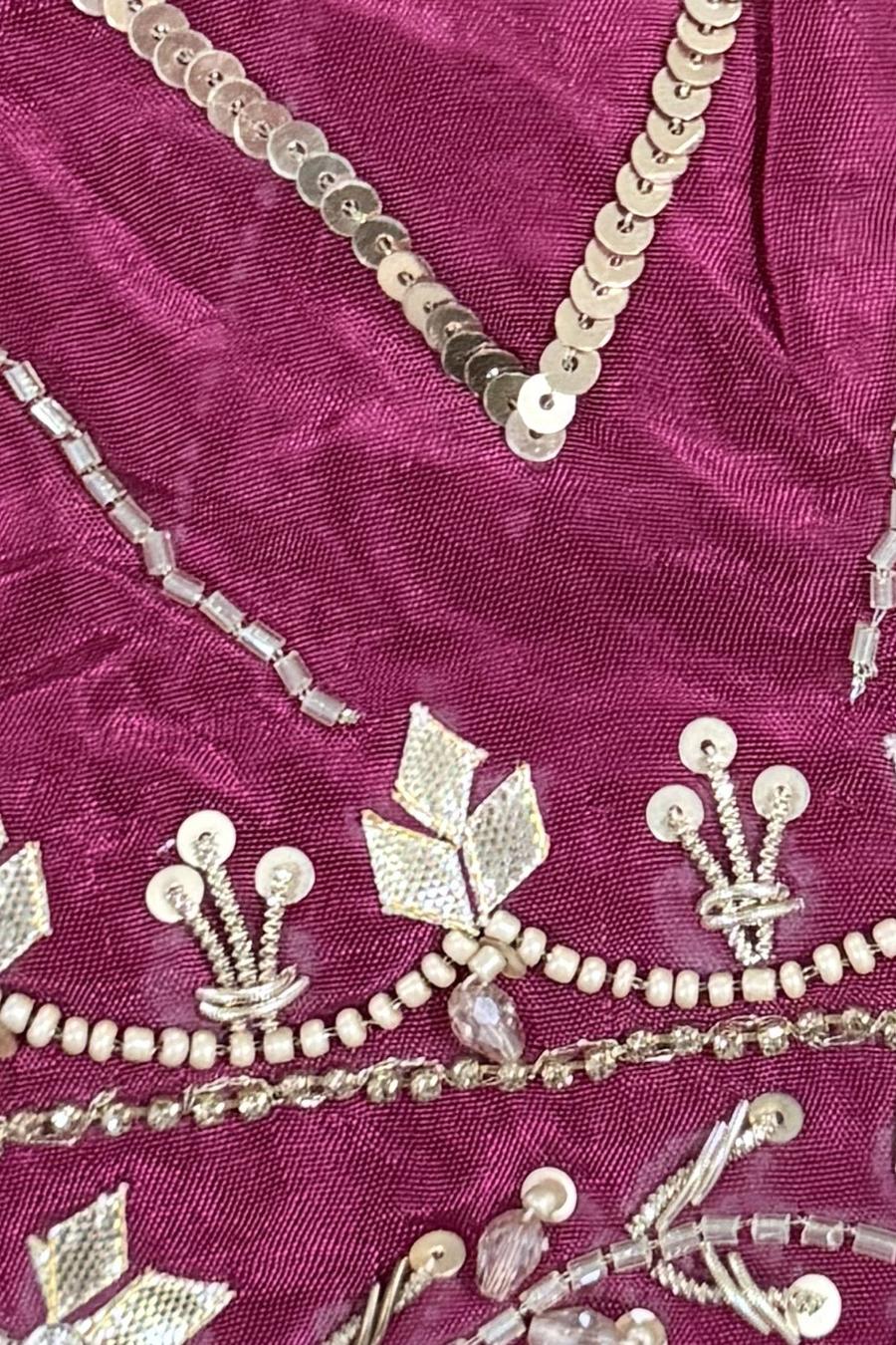 Dusty rose shirt, close up of silver sequin chevrons, pearl drops and beaded neckline trim