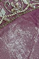 Dusty rose tissue shimmer shirt, close up of the beaded border above the shimmer fabric