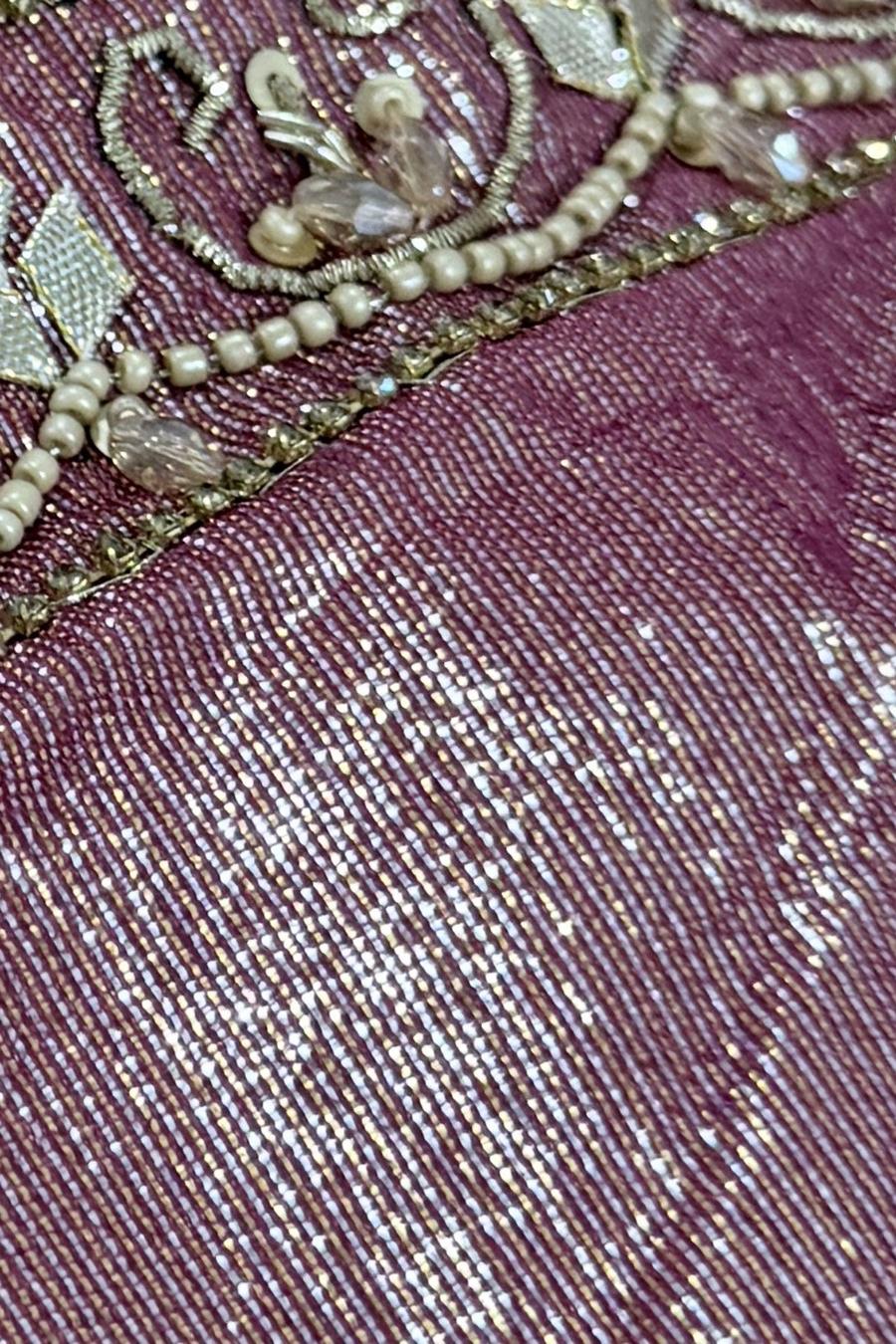 Dusty rose tissue shimmer shirt, close up of the beaded border above the shimmer fabric