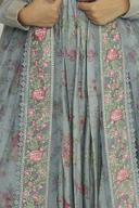 Gray blue anarkali, close up of the pink rose floral print and embroidered border panel