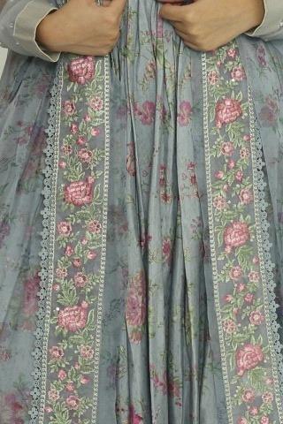 Gray blue anarkali, close up of the pink rose floral print and embroidered border panel