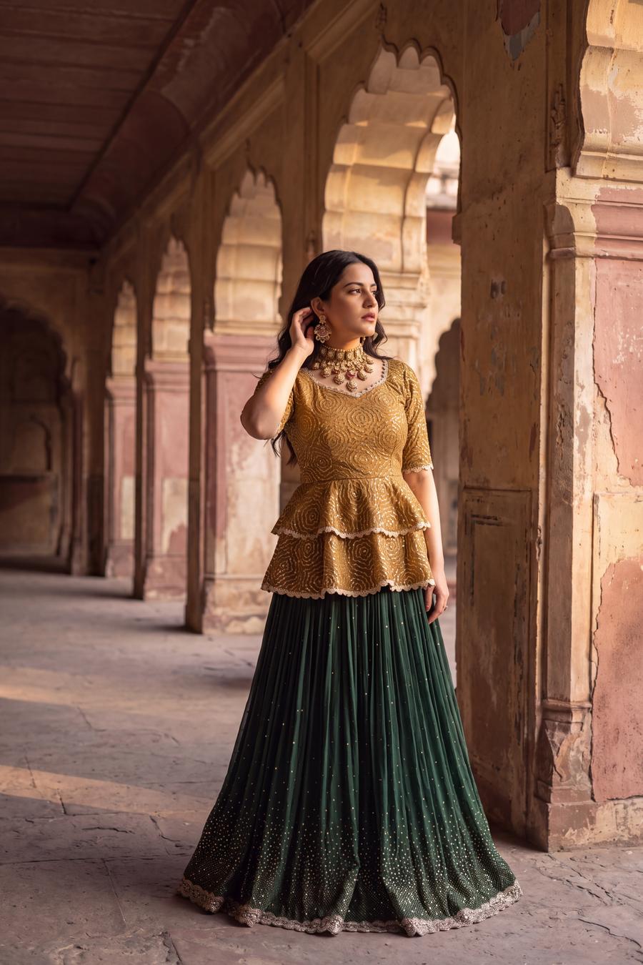 Green Lehenga and Gold Shirt, detail view 1. Available to rent from Wear Wali.
