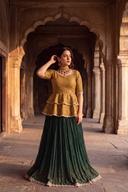 Green Lehenga and Gold Shirt, detail view 5. Available to rent from Wear Wali.