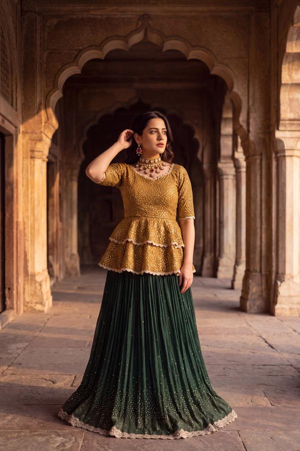 Green Lehenga and Gold Shirt, detail view 5. Available to rent from Wear Wali.