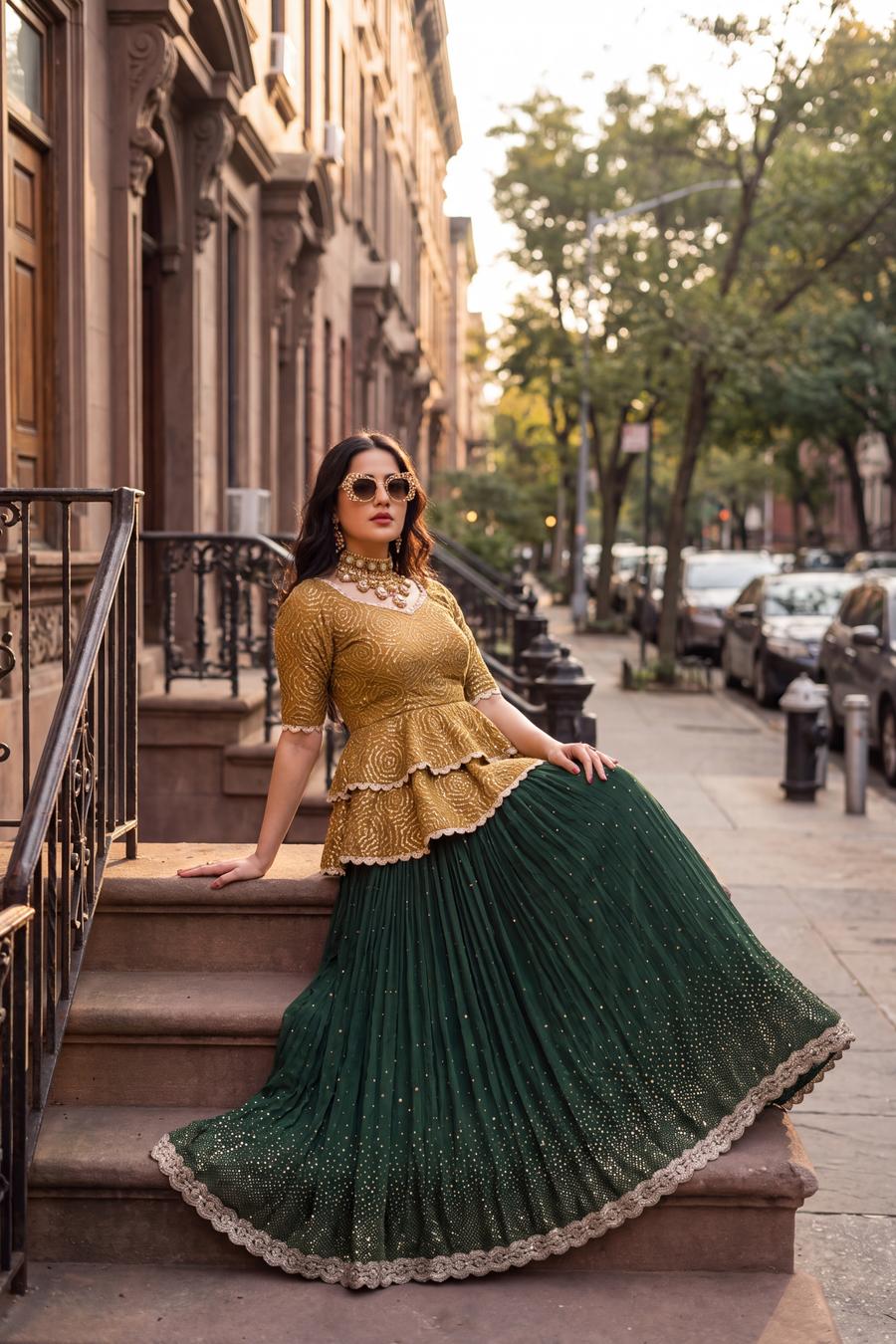 Green Lehenga and Gold Shirt, detail view 7. Available to rent from Wear Wali.