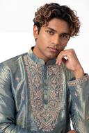 Green tissue silk kurta, waist up, buttoned mandarin collar with paisley embroidery either side