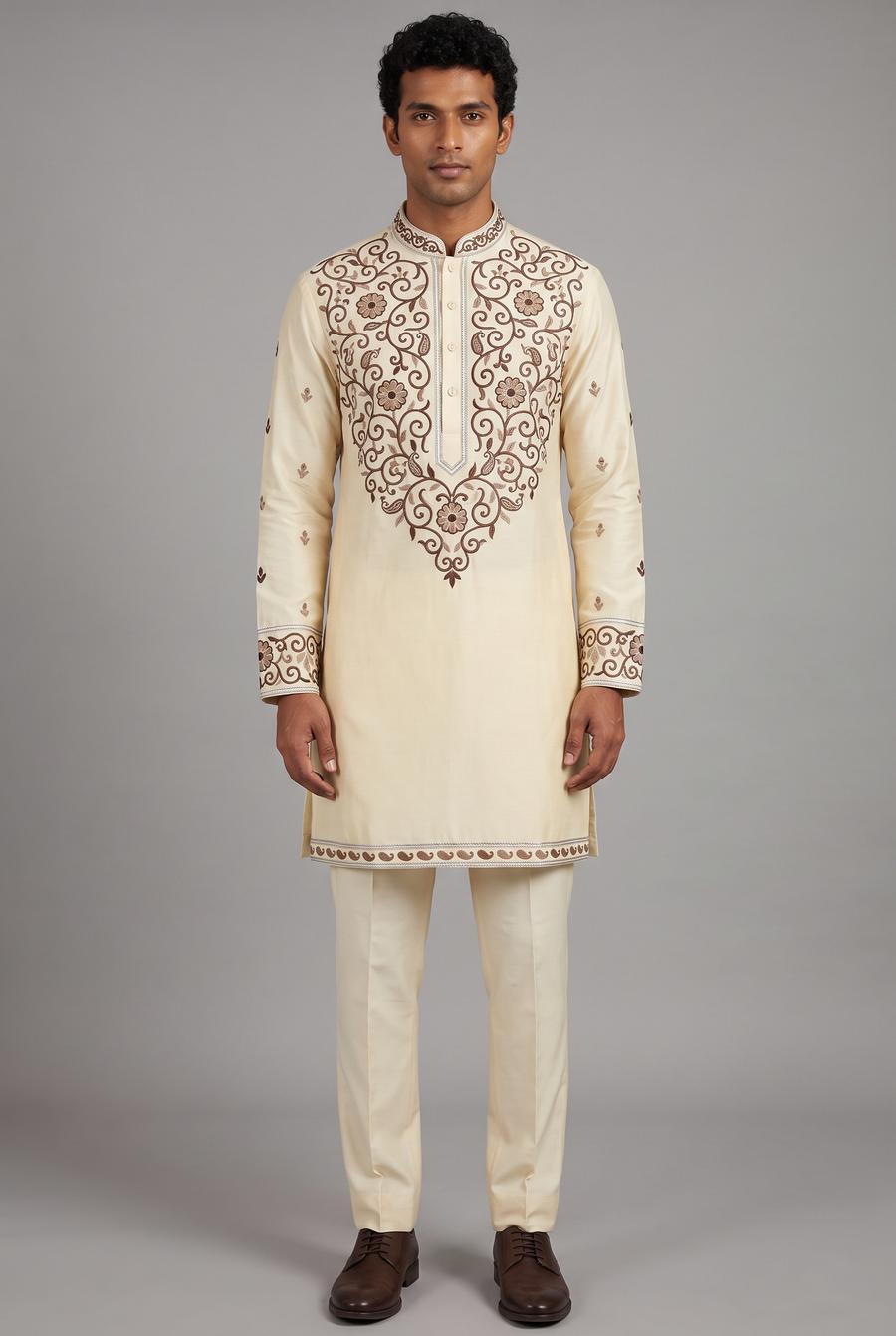 Ivory men's kurta with chocolate brown embroidery at the collar, placket and cuffs, worn with plain ivory trousers, full length