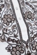 Macro close up of the chocolate brown embroidered mandarin collar band on the ivory men's kurta