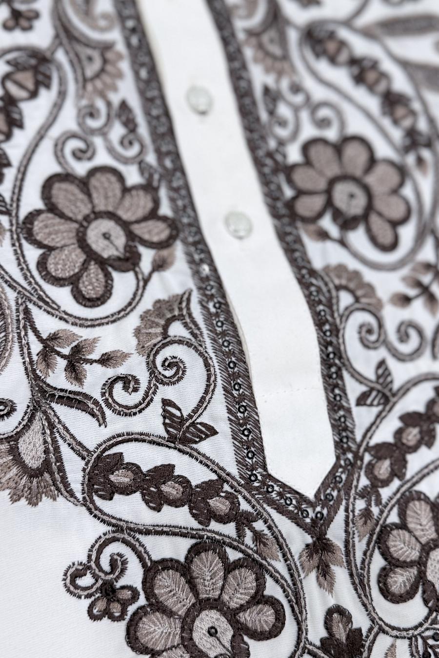 Macro close up of the chocolate brown embroidered mandarin collar band on the ivory men's kurta