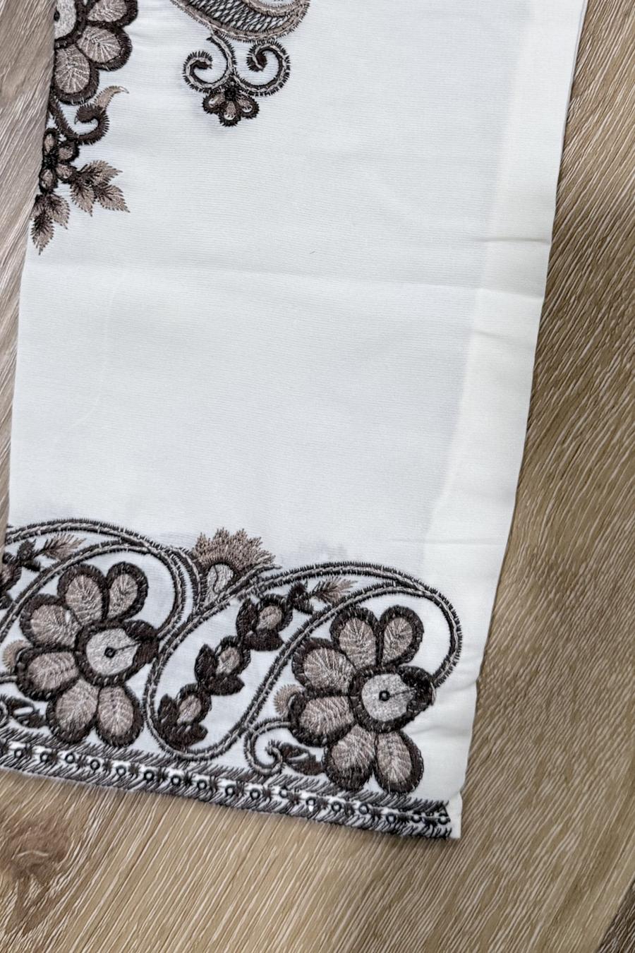 Macro close up of the chocolate brown embroidered cuff on the ivory men's kurta