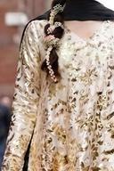 Ivory shirt with gold muqesh floral and vine work, close-up of the neckline and sleeve