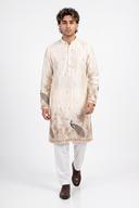 Ivory crushed tissue silk kurta in motion, peacock border swinging at the hem